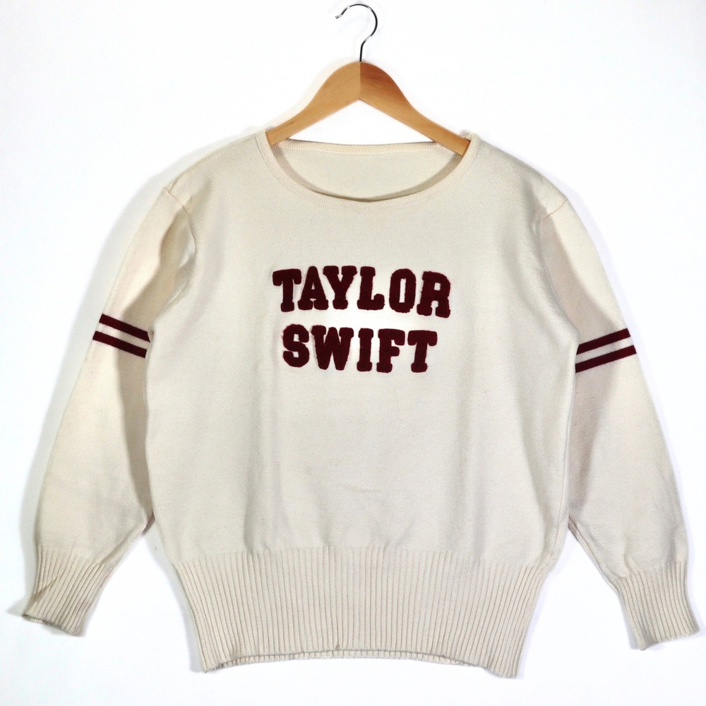 Taylor Swift Sweater Women Large Cream Red Era Chenille Patch Varsity Fan Style